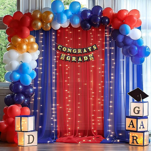 10x10ft Royal Blue Red Tulle Backdrop Curtain with Lights String for Parites, Sheer Backdrop Curtains for Wedding Baby Shower Birthday Party Photo Shoot Decorations