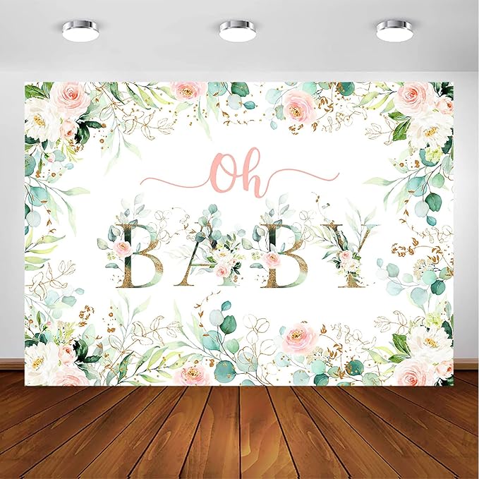 Avezano Greenery Girl Oh Baby Backdrop for Baby Shower Decoration Photography Background Blush Pink and Gold Floral Eucalyptus Greenery Leaves Baby Girl's Shower Party Photoshoot (8x6ft)