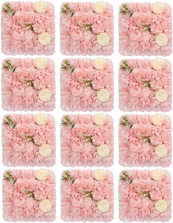 12Pcs Artificial Flower Wall Panel 3D Floral Backdrop Walls 15" X 15" Flower Wall Decor Flower Backdrop Faux Flowers Panel for Party Home Background Decor, Pink/Champagne
