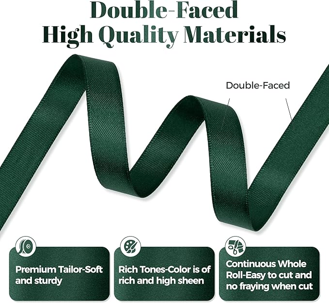 Hunter Green Satin Ribbon, Double Faced 1/2 Inch X 25 Yards Hunter Green Ribbon, Premium Satin Ribbon for Gift Wrapping, Crafts, Hair Bow Making, Sewing, Flower Bouquet, Wedding Party Decor