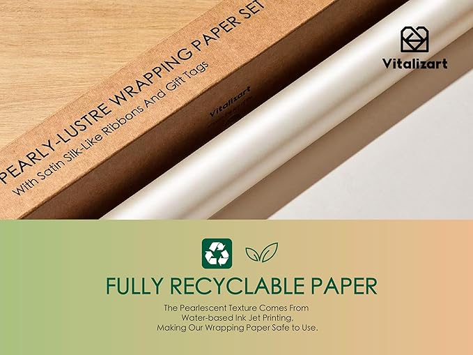 Vitalizart White Wrapping Paper Set 17" Pearly-Lustre With Silk Like Satin Ribbon & Gift Tags Recyclable Christmas Gift Wrapping Birthday Baby Shower Wedding Handmade Crafts 197"(16.4 Ft)