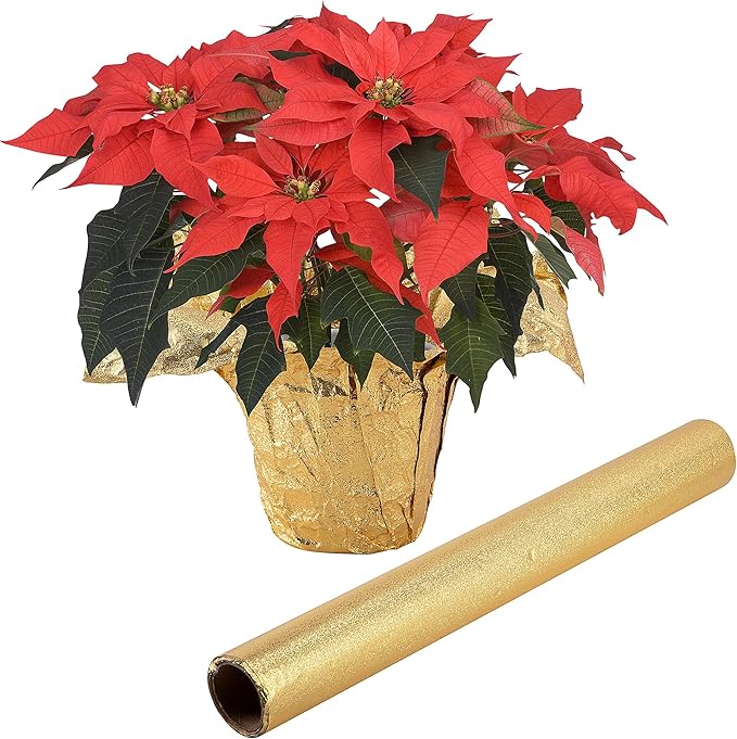 Adnee 10 Yard Floral Foil Plant Pot Covers,Matte Texture Christmas Plant Pot Foil,Golden Floral Pot Wrapping Paper for Christmas Home Flower Pot DIY decor
