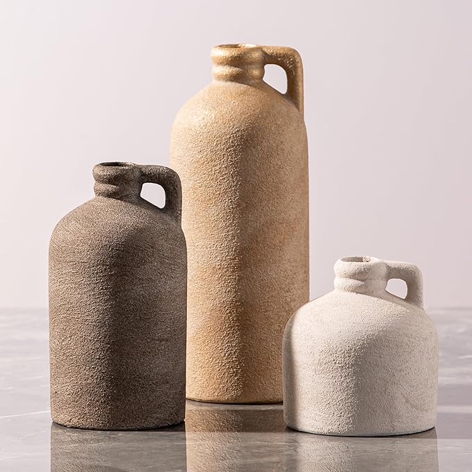 Ceramic Vase Home Table Decor - Flower Vase Set of 3 Living Room Kitchen Decorations Farmhouse Modern Rustic Vases Decorative Centerpiece for Shelf Bedroom Office Bathroom Dining Coffee Desk