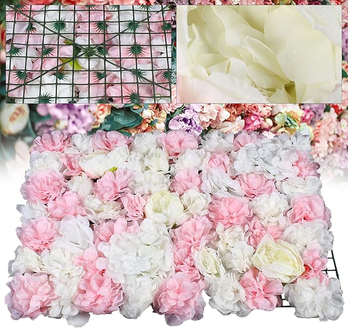 Eapmic 6Pcs 23.62"x 15.74"x 0.79" Artificial Flower Wall Panels,Flower Wall Mat Silk Flower Panels for Outdoor Garden Backyard Fence Fence Privacy Screen and Indoor Wall Decor(White+Pink)
