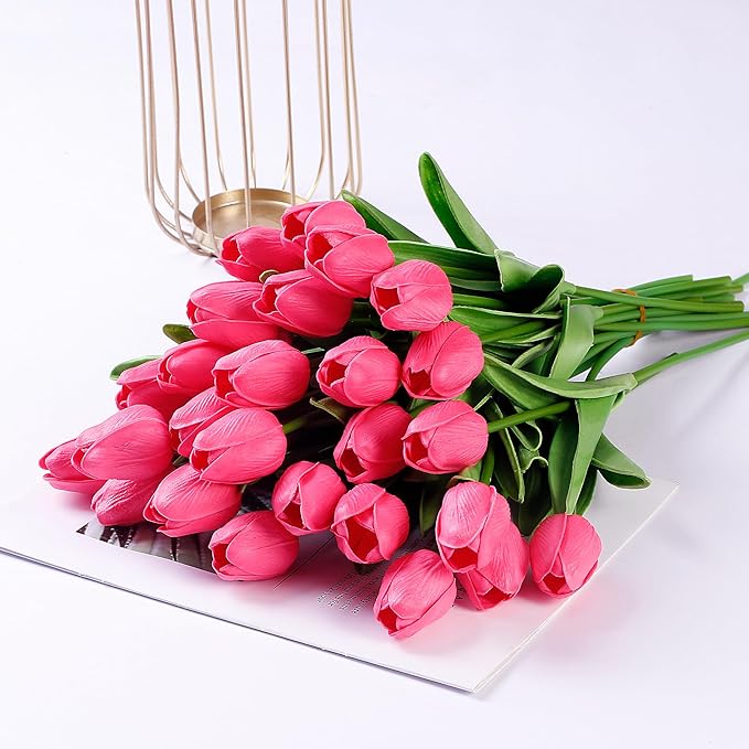 Sggvecsy 30 Pcs Fake Tulips Artificial Flowers Real Touch PU Faux Flowers Tulip Stems for Wedding Spring Bouquet Floral Arrangement Home Party Office Decorations for Mother's Day (Dark Pink)
