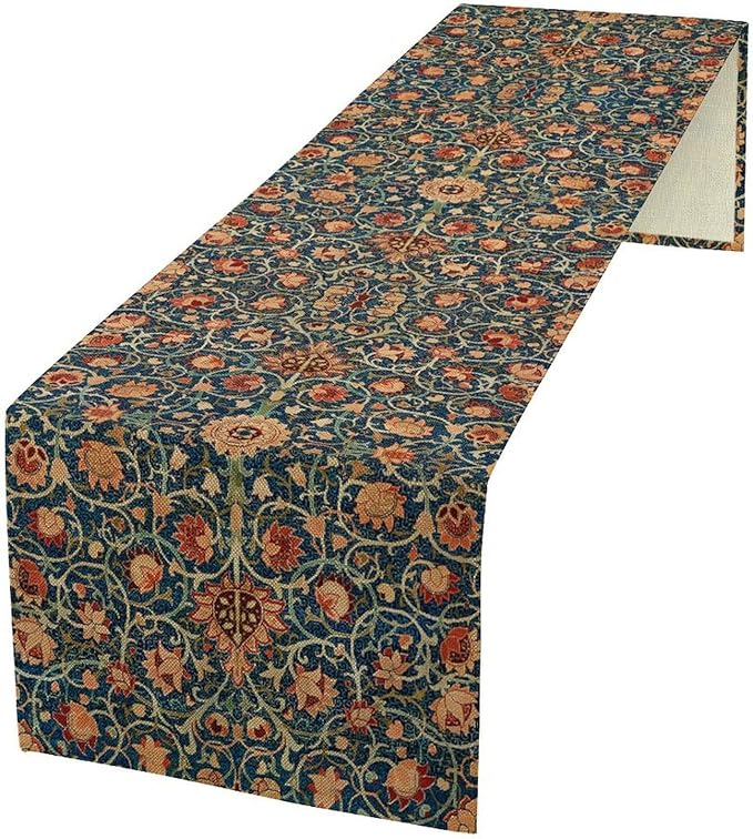 William Morris Table Runner, Boho Rustic Ethnic Flower Original Design Print Table Runner for Home Party Dining Room Kitchen Decor 13x90 Inch