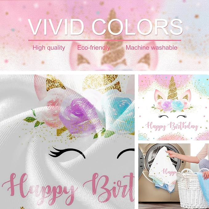 Mocsicka Unicorn Birthday Decorations Backdrop for Girls Party 8x6ft Pastel Rainbow Glitter Stars Dots Happy Birthday Banner Photo Booth Props
