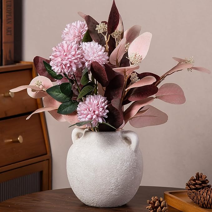 White Ceramic Vase - Short Vases with Hadle - 6 Inch Small Christmas Rustic Decorative Vase Flower, Vintage Terracotta Vase for Home Decor Living Room Shelf Decor Table, Lyeec