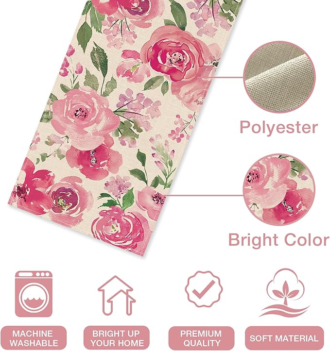 Seliem Spring Summer Watercolor Flower Table Runner, Pink Peony Floral Kitchen Dining Table Decor, Seasonal Burlap Home Decoration Indoor Outdoor Party Supply 13 x 90 Inches