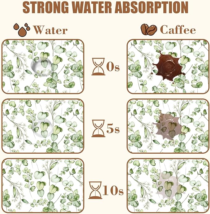 Eucalyptus Leaves Dish Drying Mat for Kitchen Counter Coffee Mat Hide Stain Absorbent Rubber Backed Drying Rack Pad Espresso Machine Coffee Bar Accessories 15.7 x 23.6 Inch