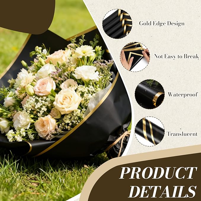 Tuojecuk Flower Bouquet Wrapping Paper, 20 Sheet Waterproof Floral Bouquet Wrapping Paper, Florist Supplies Packaging Paper for Wedding Birthday Gift (Black)