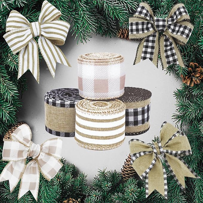 4 Rolls Winter Burlap Checked Ribbon Wire Border Christmas Holiday DIY Present Butterfly Floral Craft Decor 1.5 Inches Wide 13.2 Yard (Natural)