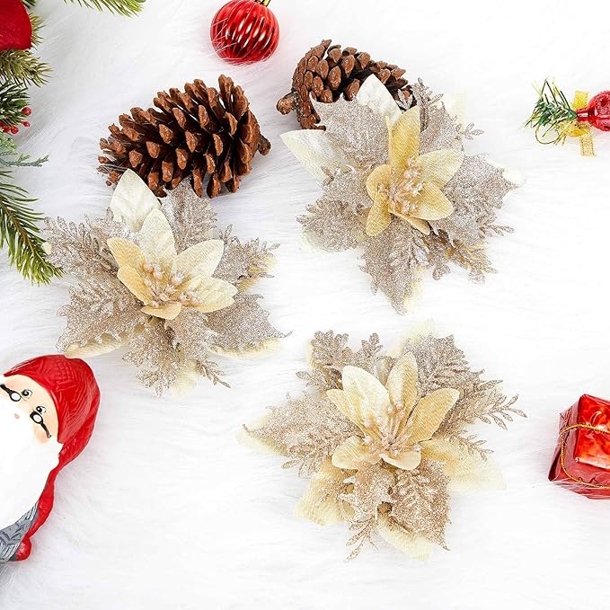 15Pcs Christmas Poinsettia Artificial Flowers Decorations, Glitter Poinsettia Christmas Tree Ornaments, Champagne Tree Flowers for Xmas/Holiday/Wreath/Garland Decor, with Cilps, 5.5 Inch