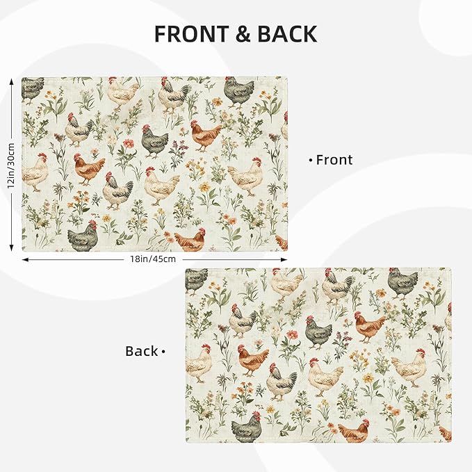 Farmhouse Rooster Placemats Set of 6, Rustic Chicken Place Mats, Country Flowers Dining Table Mats, Washable Placemats for Kitchen Dining Room Home Decor 18L'' × 12W''