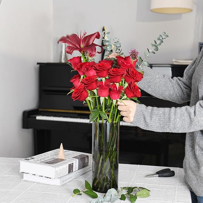 Flower Vase, Non-breakable Vases, 6" W x 10" H, Acrylic Grey Vase, Aesthetic Room Decor Cylindrical Modern Flower Vases for Table Centerpiece, Home Decor, Women Floral Arrangement Gift
