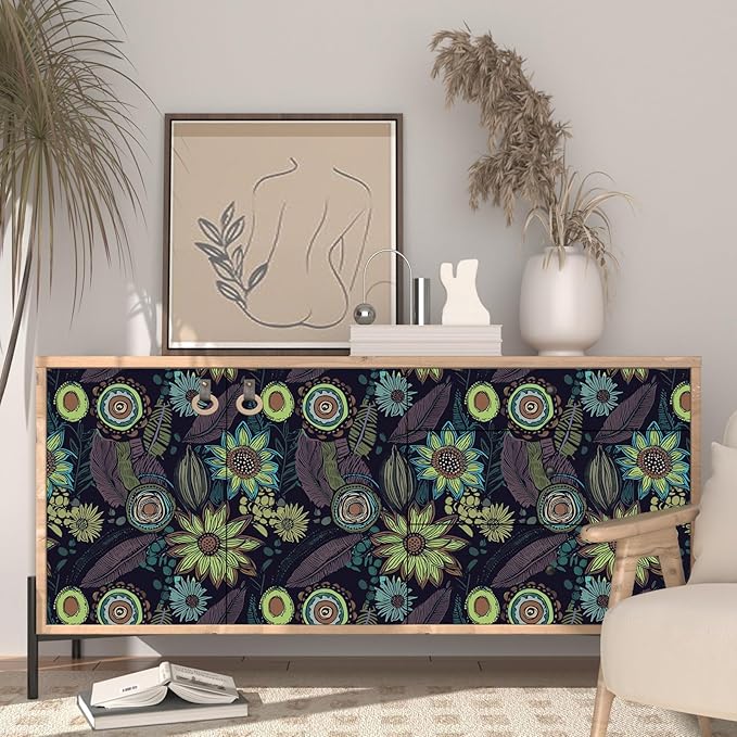 Vintage Boho Wallpaper Peel and Stick, Dark Purple/Green Gothic Floral Contact Paper 17.5" x 399.7", Retro Flower Bohemia Wall Paper Self Adhesive Removable Waterproof for Shelves Cabinet Table Drawer