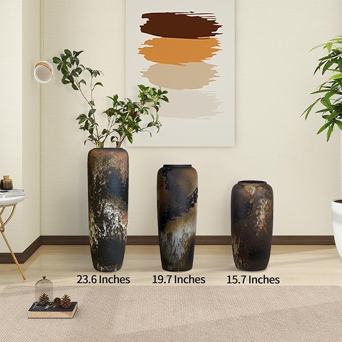 Black Rustic Ceramic Tall Floor Vase, 15.7 Inch Vintage Large Farmhouse Vase Pottery Clay Terracotta Rustic Vases for Home Decor Living Room Entryway Table Centerpieces,Kitchen,Housewarming Gifts