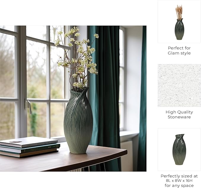 Ceramic Vase for Office Decor Display – Stylish Flower Vase for Home, Bedroom, Living Room, House, and Table Decor – Elegant Accent for Any Room or Centerpiece Statement – 16”, Green