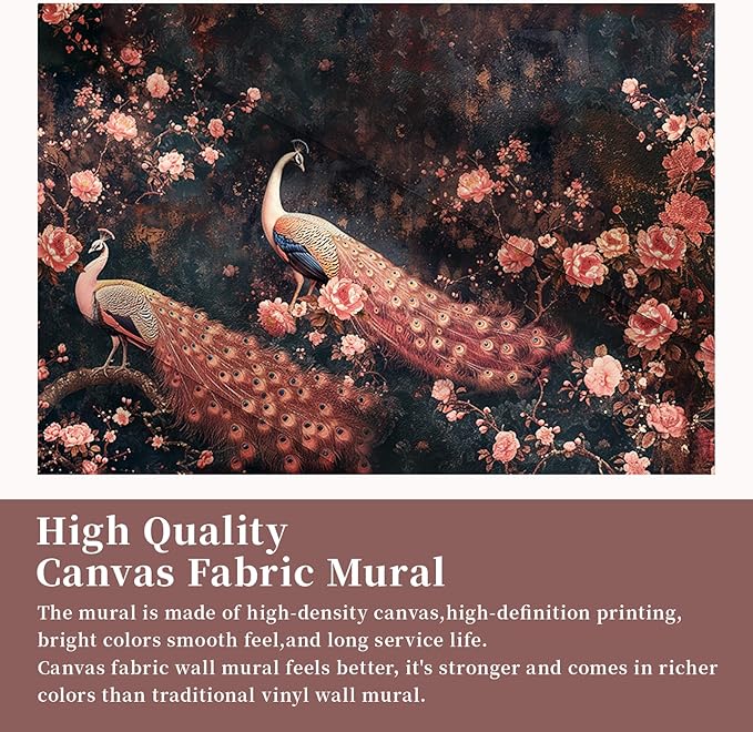 Large Peacock Wall Murals Peel and Stick 148" W x 98" H Canvas Pink Peony Flower Wallpaper Self Adhesive Retro Chinoiserie Wall Paper for Bedroom Living Room Home Decor