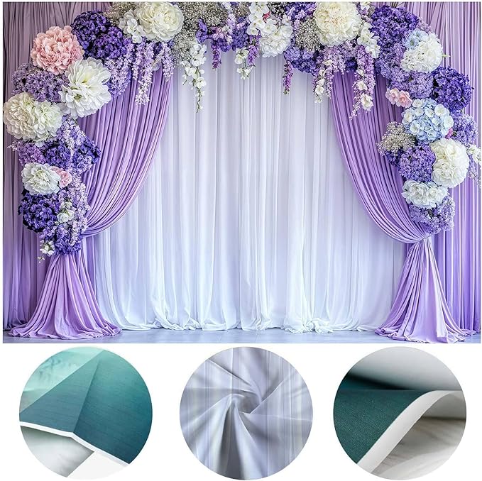 10x8ft Flower Photo Backdrop Floral Purple Photography Background White Curtain Spring Wedding Baby Shower Girl Princess Birthday Party Supplies Photo Studio Props