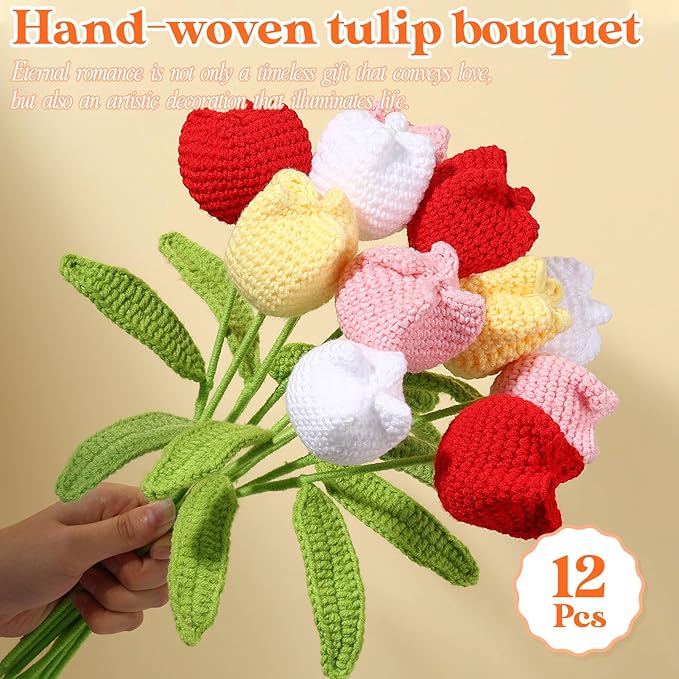 YoungJoy Crochet Rose 12 Pcs Handmade Knitted Flowers Tulip Sunflower Daisy Heart Artificial Knitted Floral Mother Day Graduation Home Decor(Cute Tulip A)