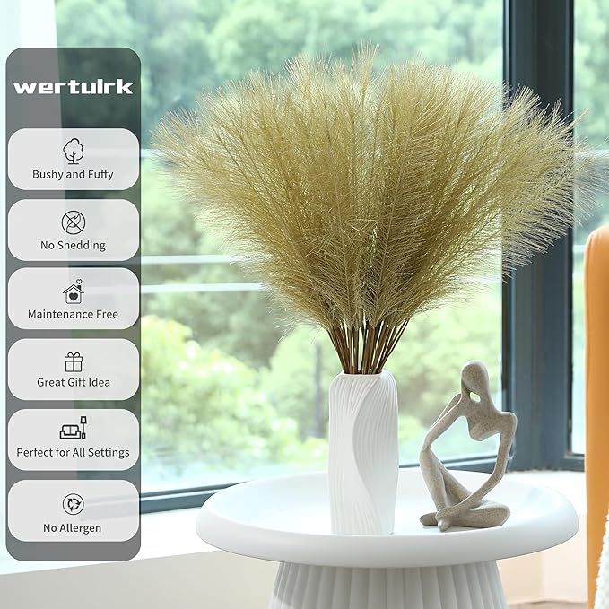 60pcs Gold Faux Pampas Grass - 24 Inch Long Pampas Grass Wall Decor, Mini Artificial Pampas Grass for Great Gatsby Party Decorations and Glam Room Decor (Gold)