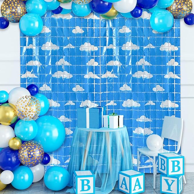 Blue Sky White Clouds Birthday Party Decorations 2 Pack Clouds Foil Fringe Curtains 3.28 x 6.56Ft Cartoon Story Tinsel Streamers Curtain Backdrop Birthday Baby Shower Cloud Theme Photo Booth Backdrop