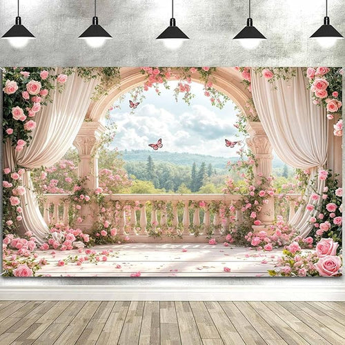 12X10ft Pink Floral Photography Backdrop, Retro Flowers Photography Backdrop Dreamlike Wedding Portrait Photo Background Wedding Birthday Party Background Banner Decor, Pink-1