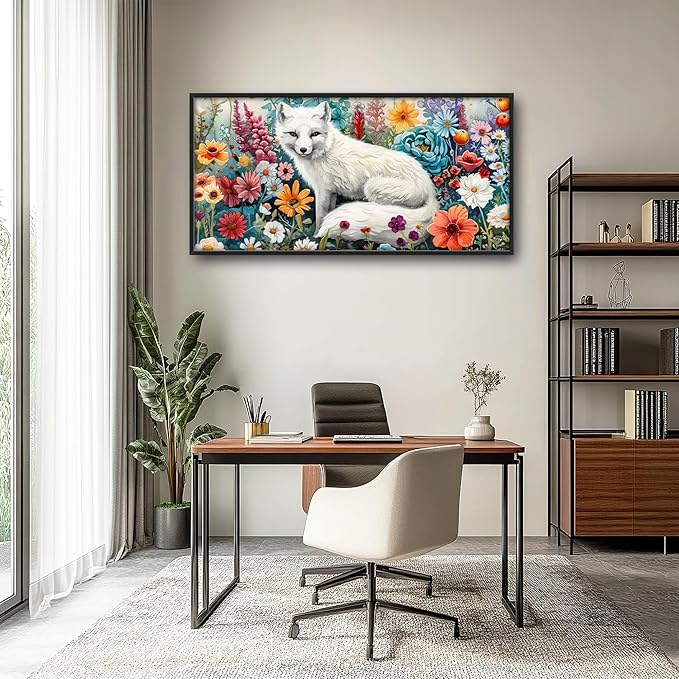 Framed Large Pictures Wall Art for Living Room, White Fox Oversized Wall Decor Animal Floral Canvas Print Painting Modern Extra Large Framed Artwork for Bedroom Office 60"x30"