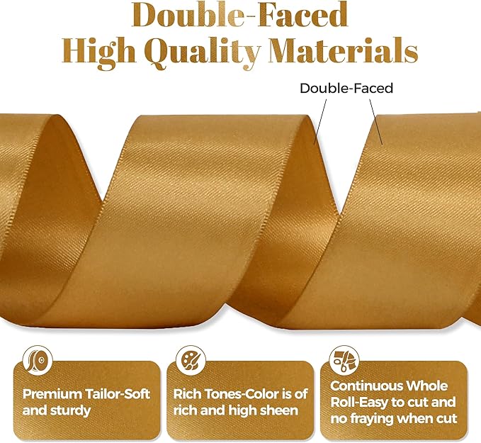 Old Gold Satin Ribbon, Double Faced 2 Inch X 25 Yards Old Gold Ribbon, Premium Satin Ribbon for Gift Wrapping, Crafts, Hair Bow Making, Sewing, Flower Bouquet, Wedding Party Decor