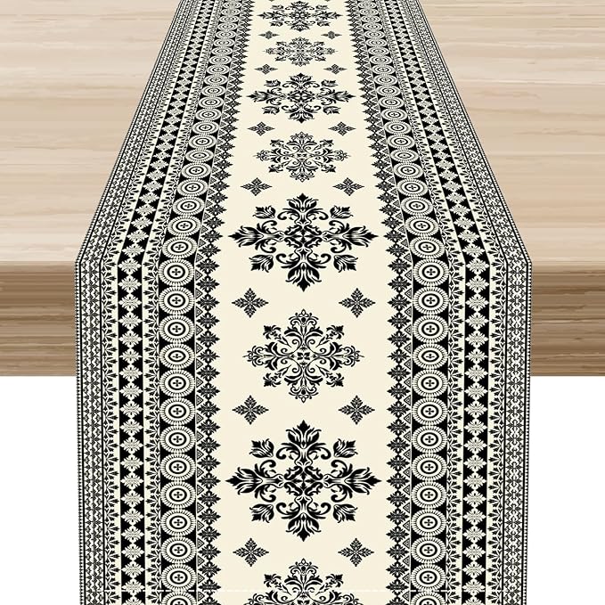 Black Paisley Table Runner, Vintage Damask Antique Floral Flower Retro Boho Swirled Print Table Center Decor for Family Kitchen Table Decorations Indoor Outdoor 13x90 inch