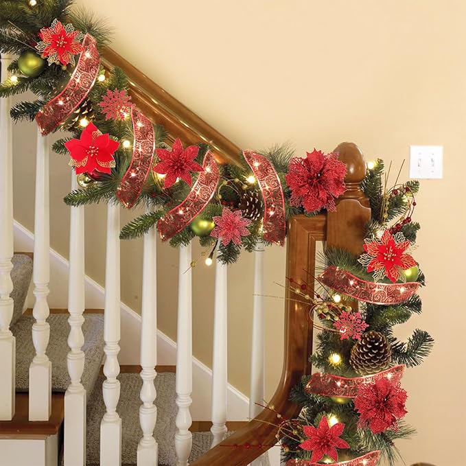 RECUTMS 9 Styles Christmas Red Glitter Artificial Poinsettia Flower Tree Ornaments with Ribbon Snowflake for Tree Wreaths Garland Floral Gift Winter Wedding Holiday Decoration(Red)