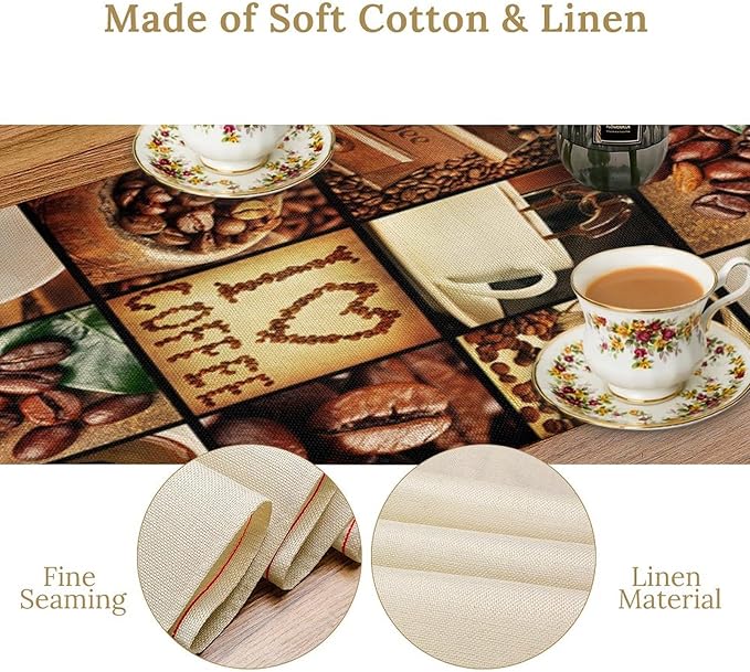 Vintage Coffee Theme Table Runner Happy Coffee Time Beans Dinner Runner Table Decoration for Farmhouse Cabin Home Kitchen Dining Holiday Party 13x108in