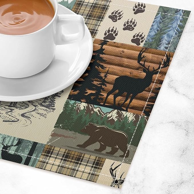 Cabin Bear Deer Moose Placemats Vintage Animal Rustic Lodge Country Art Printed Dining Table Mats Set of 4 for Home Kitchen Holiday Picnic Party Decor 12x18in