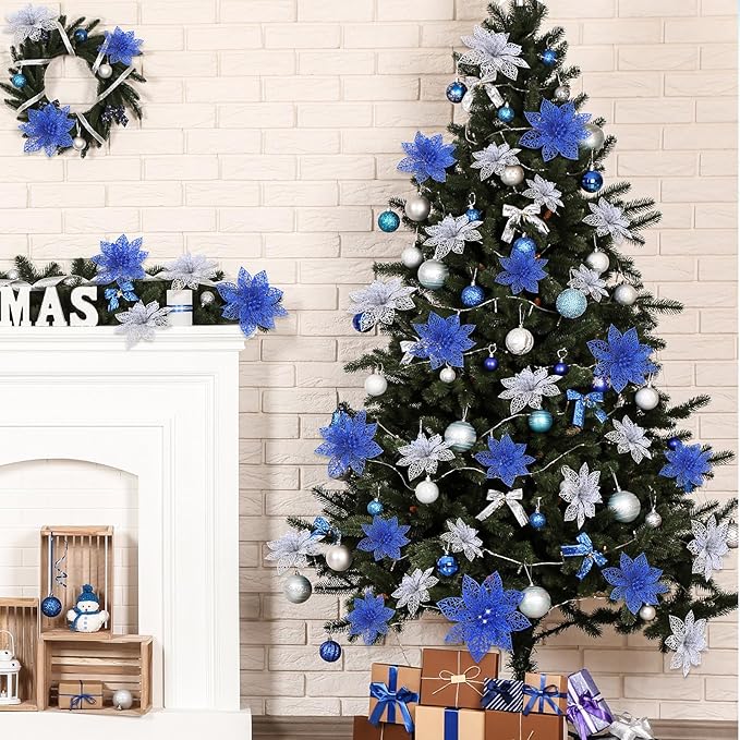 Boao Blue,Silver 24 Pieces Poinsettia Flower Christmas Glitter Artificial Poinsettia with Clips Christmas Tree Ornament Decorations for DIY Xmas Wreath Holiday Home Party Decor, 3/4/6 Inches