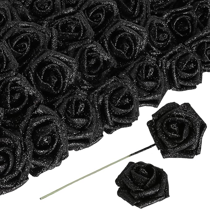 Black Flowers Glitter Rose 30 Pcs Artificial Flowers Glitter Flowers Foam Roses with Stem Faux Flowers for DIY Wedding Bridal Bouquet Party Centerpieces Decor(Black)