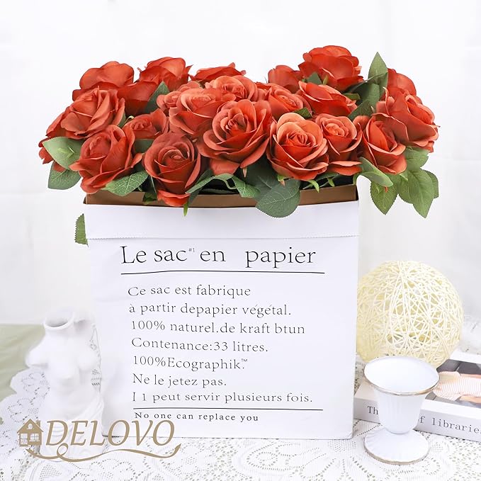 52pcs Burnt Orange Roses Artificial Flowers Fake Flowers Silk Roses with Stems for DIY Wedding Bouquets Bridal Shower Centerpieces Arrangements Party Decorations