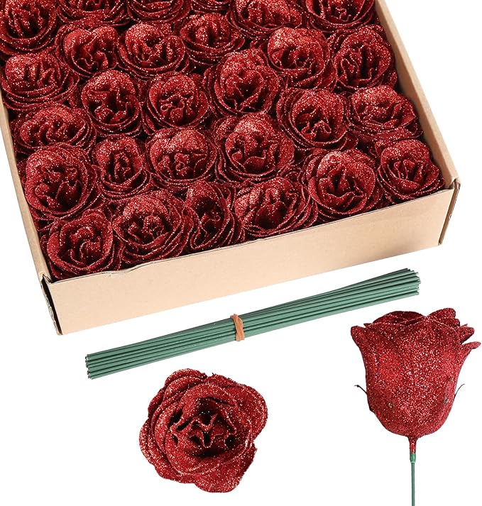 Artificial Roses, 30PCS Red Glitter Silk Roses for Wedding Bouquet, Party, Christmas, Home Decor