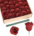 Artificial Roses, 30PCS Red Glitter Silk Roses for Wedding Bouquet, Party, Christmas, Home Decor