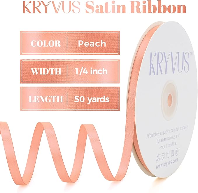 Peach Satin Ribbon, Double Faced 1/4 Inch X 50 Yards Peach Ribbon, Premium Satin Ribbon for Gift Wrapping, Crafts, Hair Bow Making, Sewing, Flower Bouquet, Wedding Party Decor