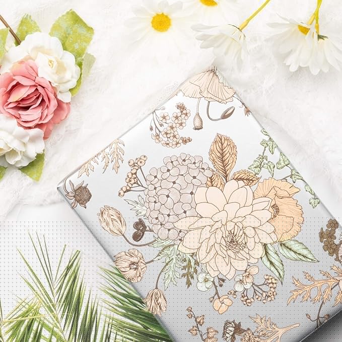 WRAPAHOLIC 30 Inch Floral Wrapping Paper - 30 Inch X 33 Feet - Pearlized Silver Vintage Floral Wedding Wrapping Paper for Birthday, Bridal Shower, Baby Shower
