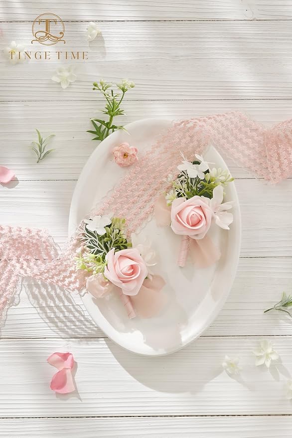 TINGE TIME Boutonniere for Men Wedding,Groom and Best Man Boutonniere for Wedding Ceremony Anniversary, Formal Dinner Party and Rustic Spring Wedding Marriage (2, Pink)