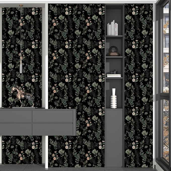 Black Green Leaf Wallpaper Peel and Stick Vintage Taupe Green Floarl Contact Paper 17.4" X 118" Moody Wallpaper Waterproof Self-Adhesive Wall Covering for Bedroom Countertop Desk Cabinets Decor