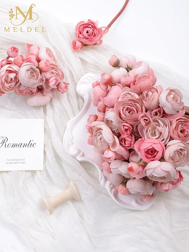 Meldel 32Pcs Ranunculus Artificial Flower, Faux Dusty Rose Ranunculus Flowers for DIY Bouquet, Mini Roses Bulk Fake Peony Wedding Filler Flowers for Centerpieces Arrangements Bridal Shower Decorations
