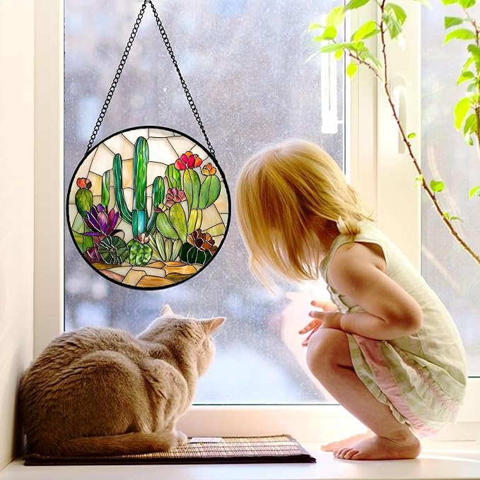Stained Glass Window Hanging, White Green Cactus Suncatcher Diamond Glass Panel Hangings Sun Catchers Decor for Birthday for Women, Men, Wife, Aunt, and Mom 11.8x11.8 in