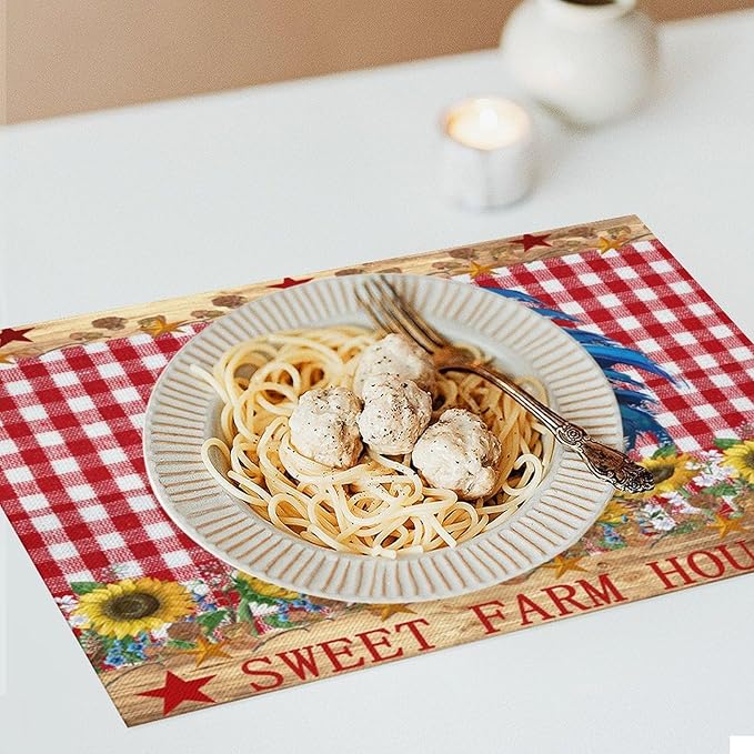 Rooster Placemats,Farm Vintage Rustic Farmhouse Lattice Sunflower Flower Chicken Animal Print Washable Fabric Placemats Table Kitchen Dining Party 12x18 Inch Set of 6