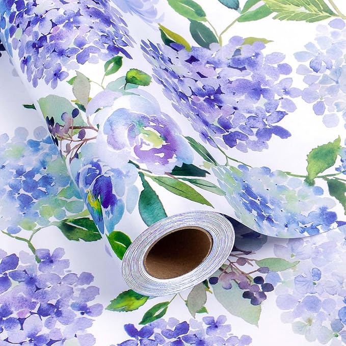MAYPLUSS Floral Gift Wrapping Paper Roll - Watercolor Blue Hydrangea Design Floral Gift Wrap Paper for Wedding, Bridal Shower, Mother’s Day, Valentine's Day, Birthday, Anniversay (17 Inch X 33Feet)