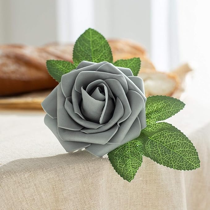 Artificial Flower Foam Rose 25pcs Real Looking Fake Rose with Stems Leaves for Home Decoration Party Garden Centerpieces DIY Wedding Bouquets（Grey）