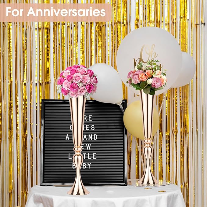 2 Set Rose Gold Vases Centerpieces for Table, Mjkeomo Trumpet Vases 21.9'' Tall Rose Gold Vase for Centerpieces, Table Centerpieces for Party Event, Christmas, Wedding, Valentine's Day