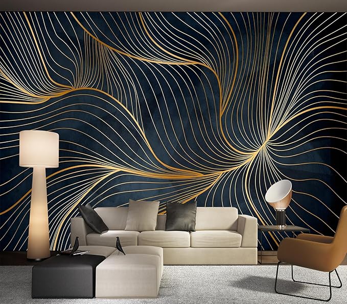 Eierme-Golden Abstract line Pattern Waves Mural Wallpaper Peel and Stick 90" x 67"
